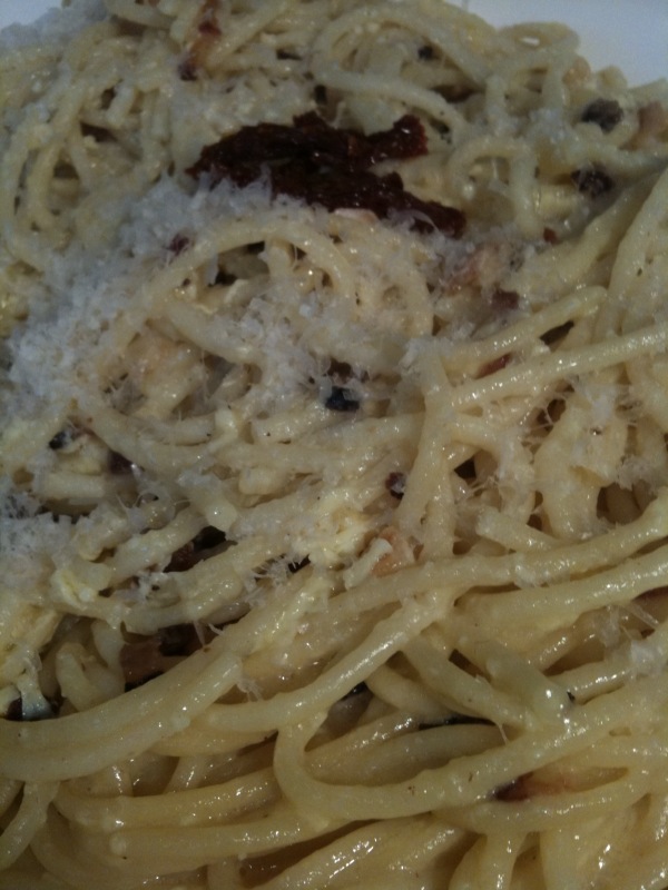 Bucatini carbonara with eggs, cheese and fantastic artisan bacon